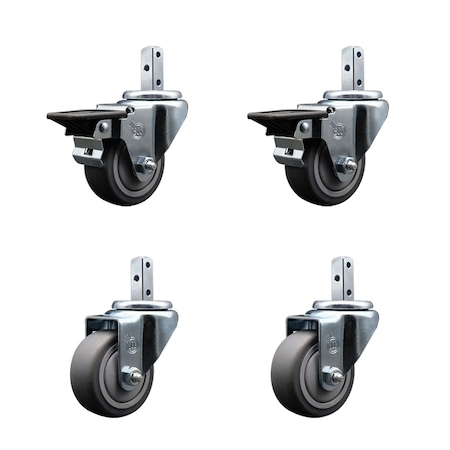Service Caster 3'' Thermoplastic Rubber Swivel 3/4'' Square Stem Caster Set 2 Brakes, 4PK SCC-SQ20S314-TPRB-PLB-34-2-S-2